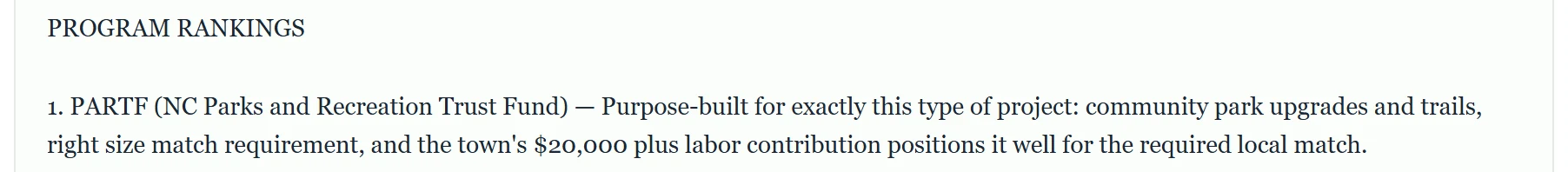 Screenshot of a TownDesk grants result: Program rankings, 1. PARTF, NC Parks and Recreation Trust Fund, purpose-built for community park upgrades and trails, with the town's $20,000 plus labor contribution toward the local match