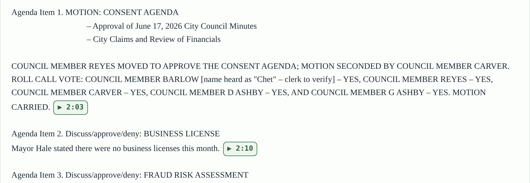 Screenshot of TownDesk's minutes view: a consent agenda motion with mover, seconder and roll-call vote, a play button at 2:03, and a name marked clerk to verify