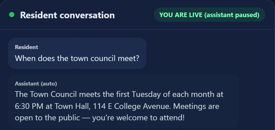 Screenshot of the staff console showing a resident conversation with the label You are live, assistant paused